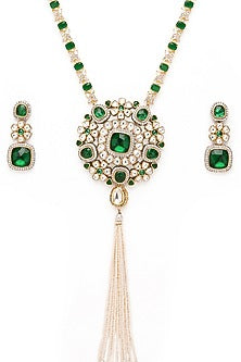 Gold Finish Emerald Long Necklace Set