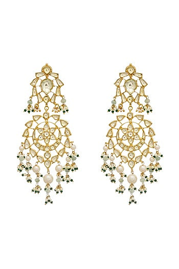 Gold Finish Jhumka Earrings With Grey Beads