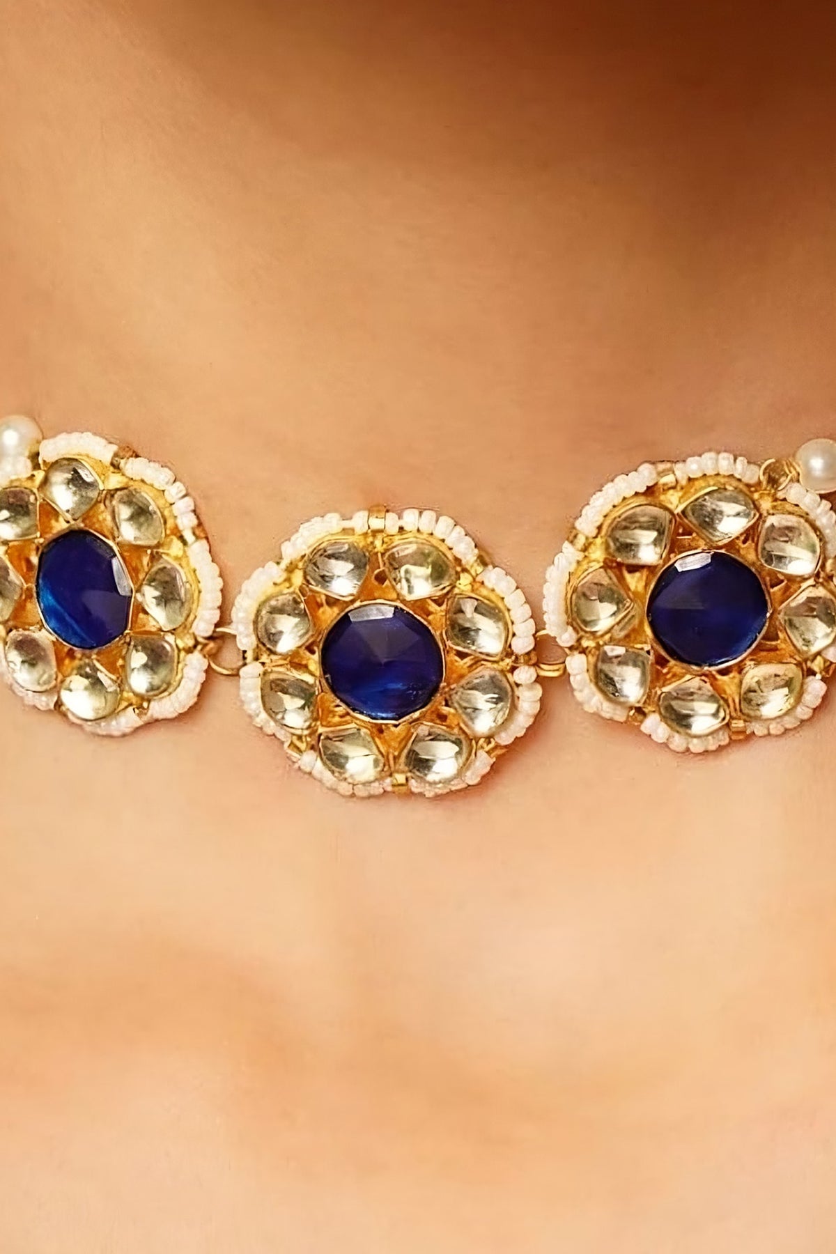 Gold Finish Indigo Pachi Kundan Polki Jadau Choker Necklace