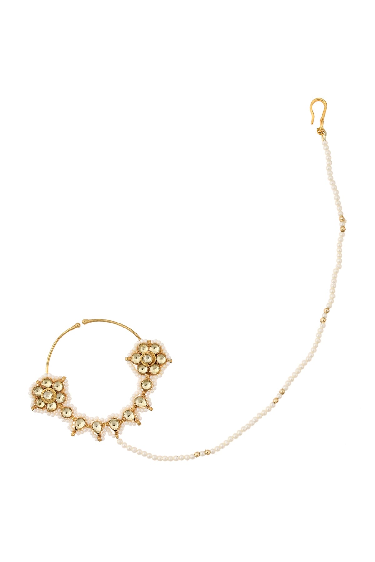 Gold Finish Nose Ring With Kundan Polki