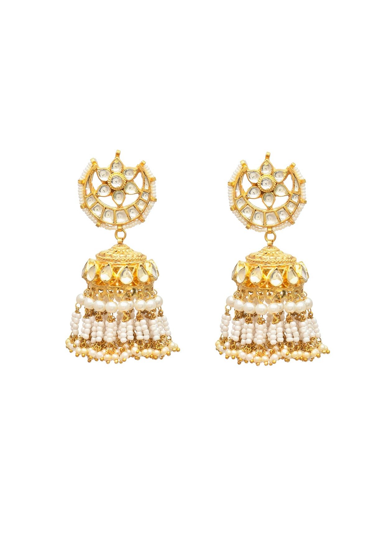 Gold Finish Kundan Polki & Jadau Jhumka Earrings