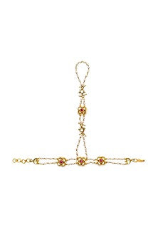Gold Finish Kundan Polki & Ruby Jadau Hathphool (Set Of 2)