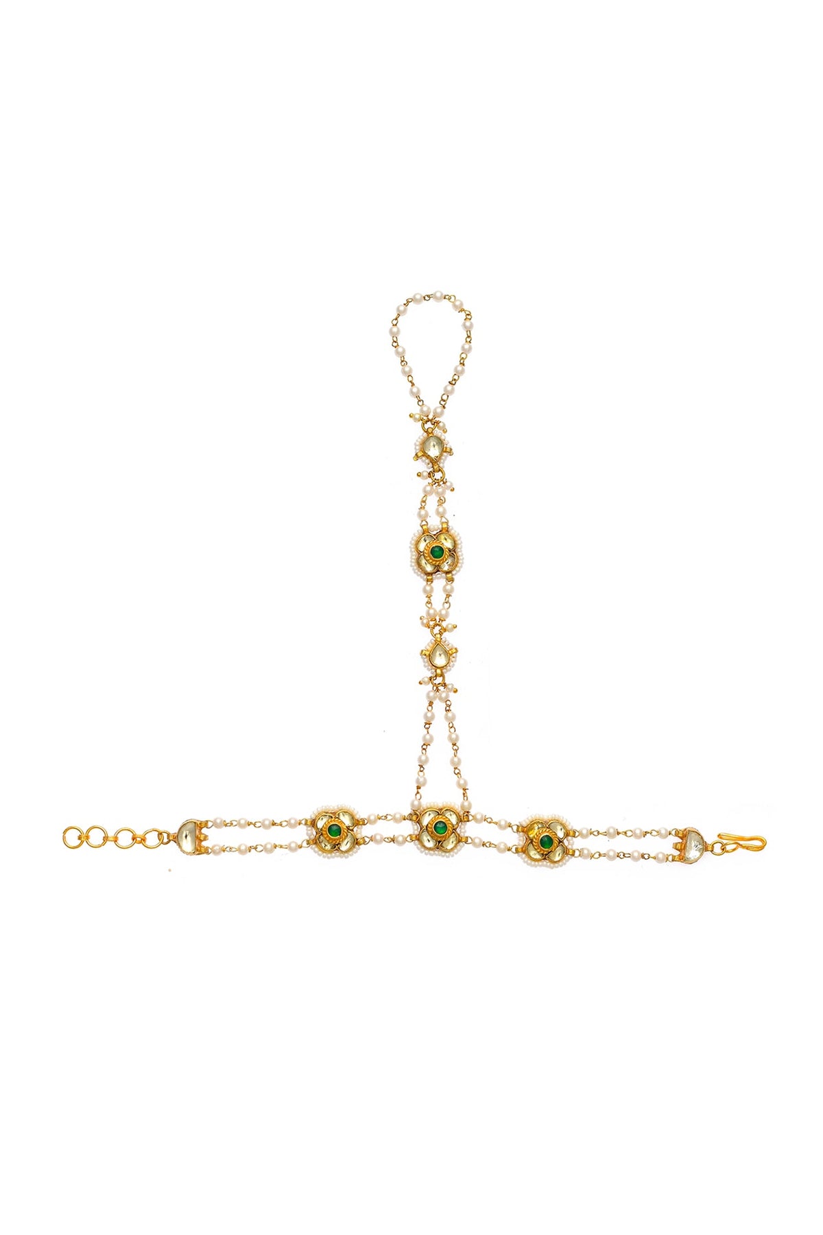 Gold Finish Kundan Polki & Green Jadau Hathphool (Set Of 2)