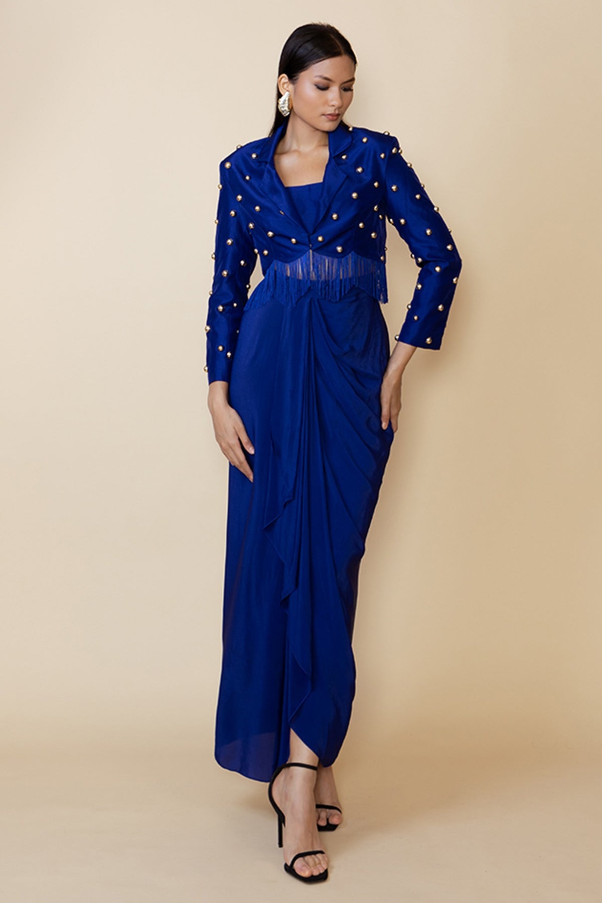 Blue Silk Studded Fringe Blazer Set
