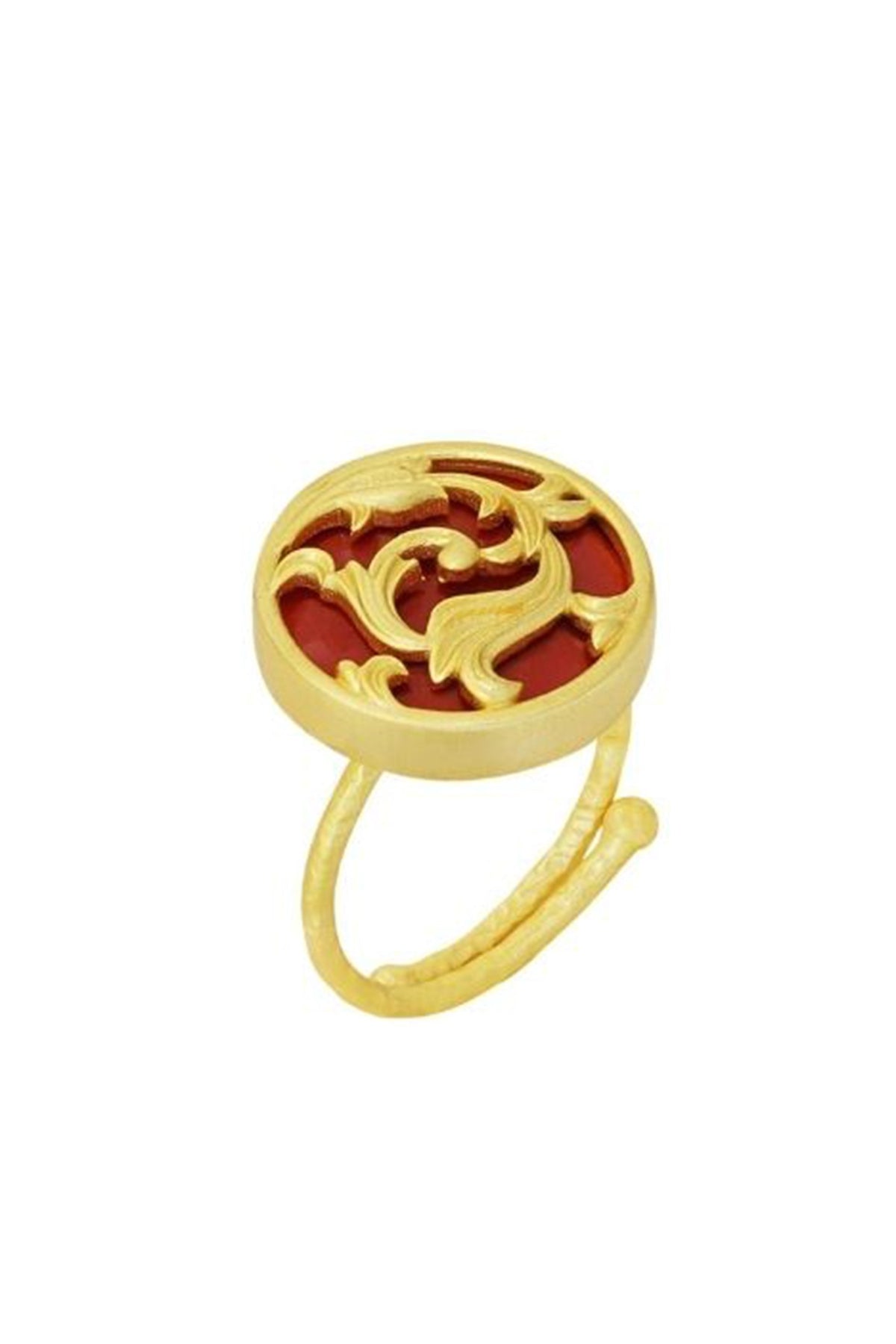 Gold Plated Garnet Enameled Floral Disc Ring