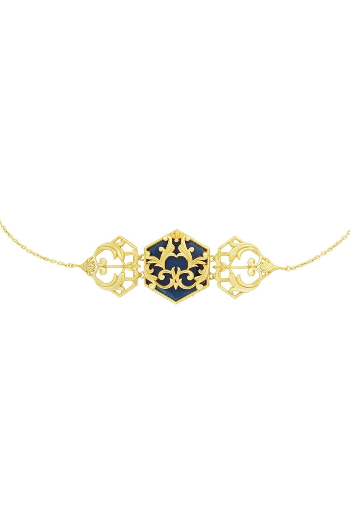 Gold Plated Blue Enameled Floral Choker Necklace