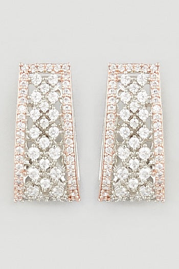 Two Tone Finish Zircons Stud Earrings In Sterling Silver