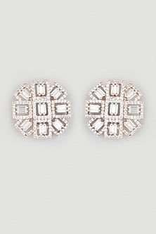 Two Tone Finish Zircons Floral Stud Earrings In Sterling Silver