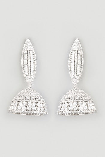 White Finish Zircons Jhumka Earrings In Sterling Silver