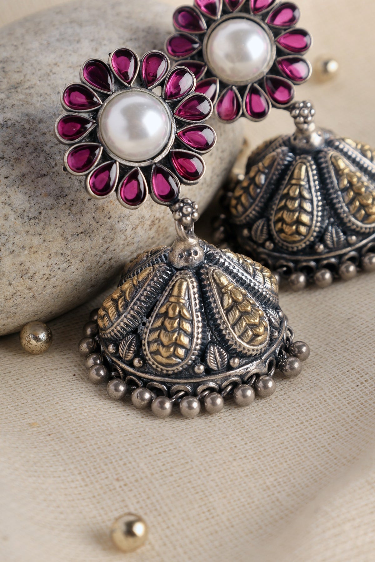 Two Tone Finish Red Kempstone & Pearl Temple Jhumka Earrings In Sterling Silver