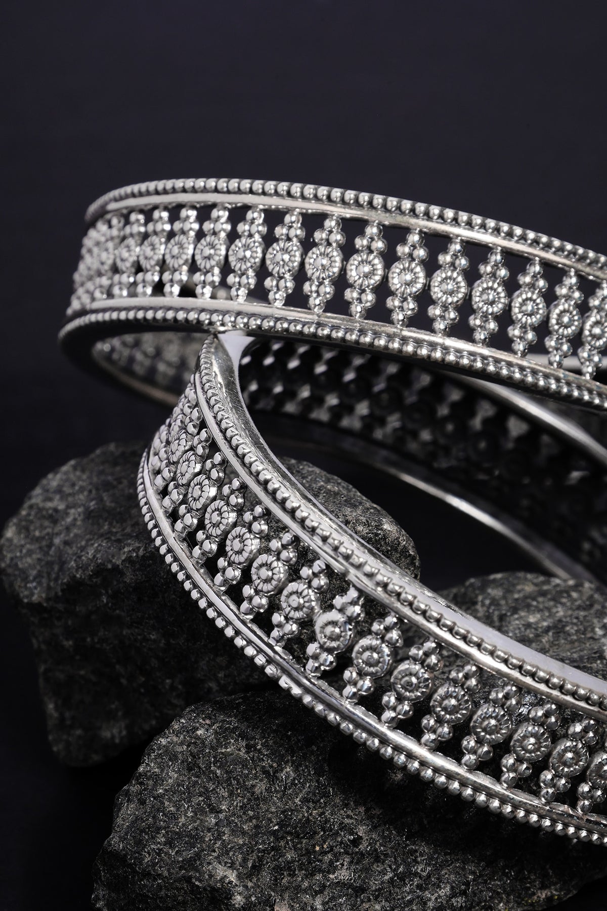 White Finish Temple Bangles In Sterling Silver (Set Of 2)