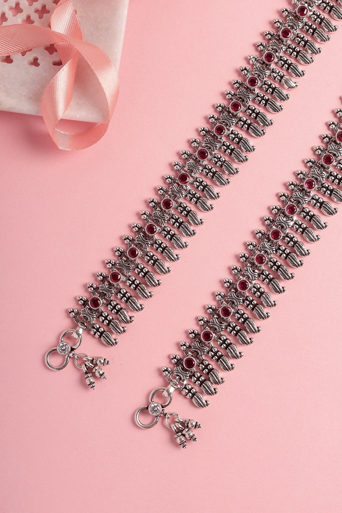 White Finish Ruby Stone Temple Anklets In Sterling Silver (Set Of 2)