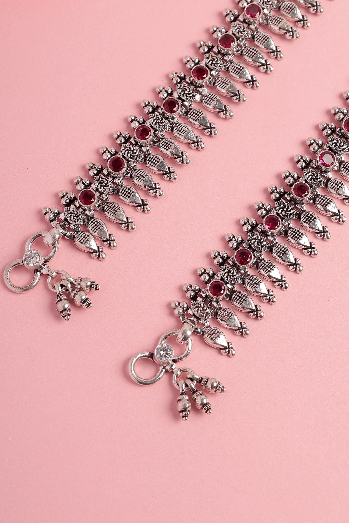 White Finish Ruby Stone Temple Spoke Anklets In Sterling Silver (Set Of 2)