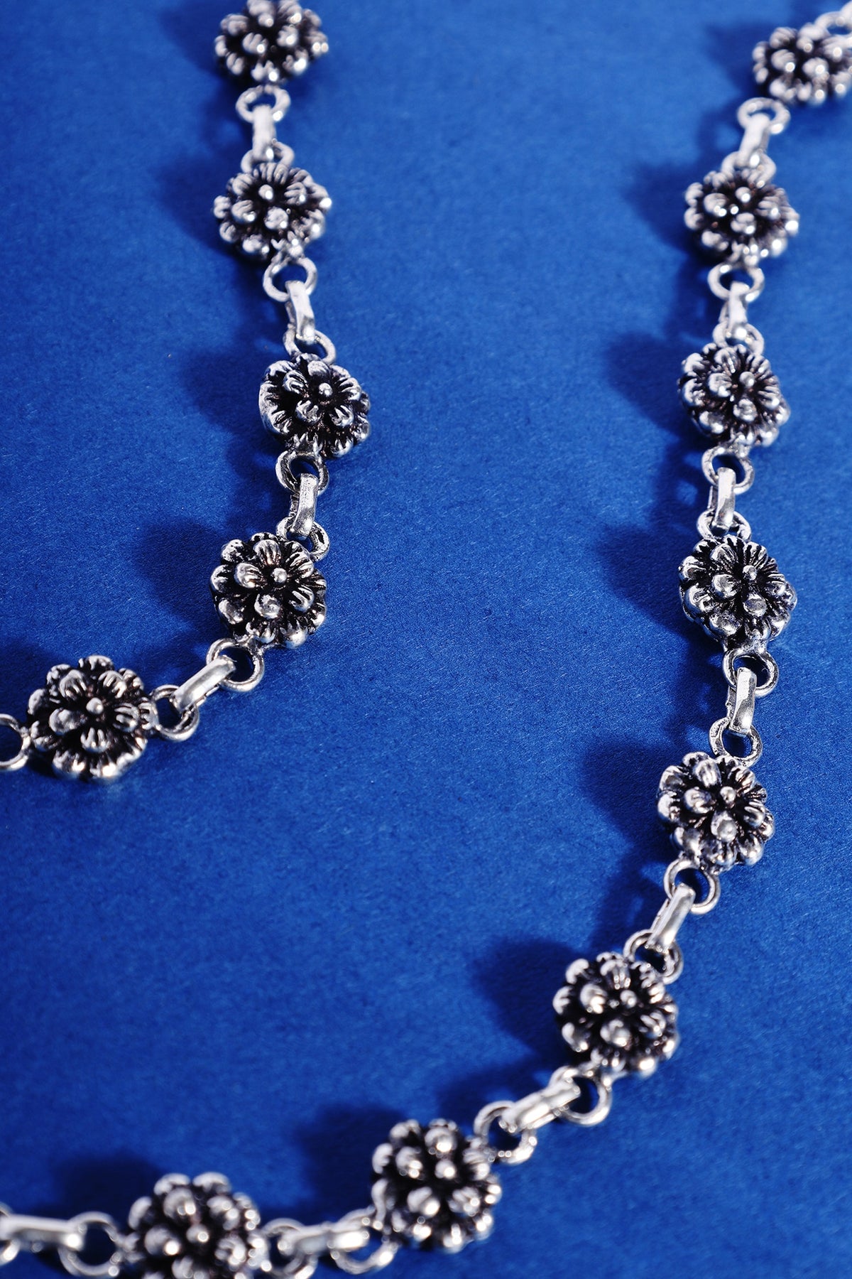 White Finish Beaded Floral Temple Anklets In Sterling Silver (Set Of 2)