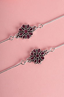 White Finish Ruby & CZ Stone Temple Floral Anklets In Sterling Silver
