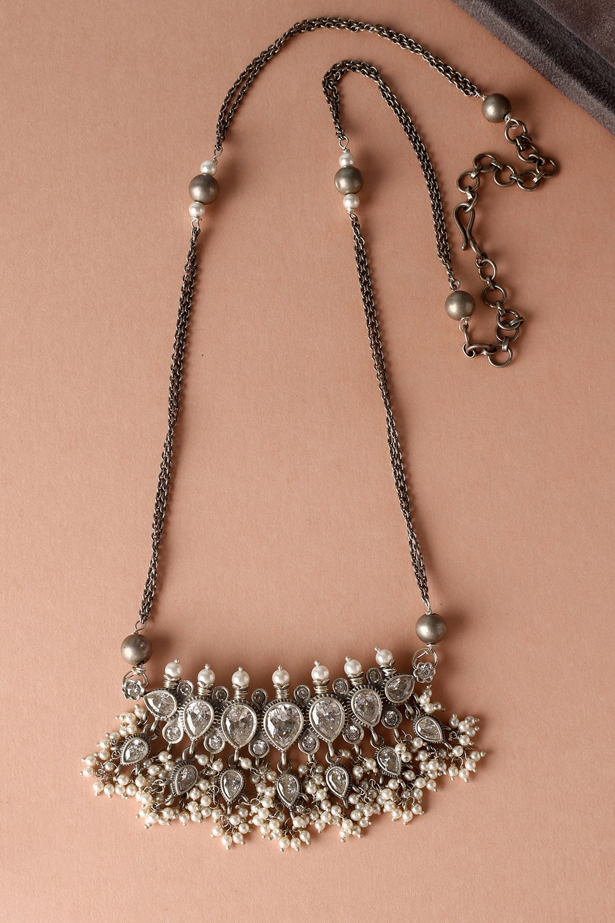 White Finish Moissanite Temple Necklace In Sterling Silver