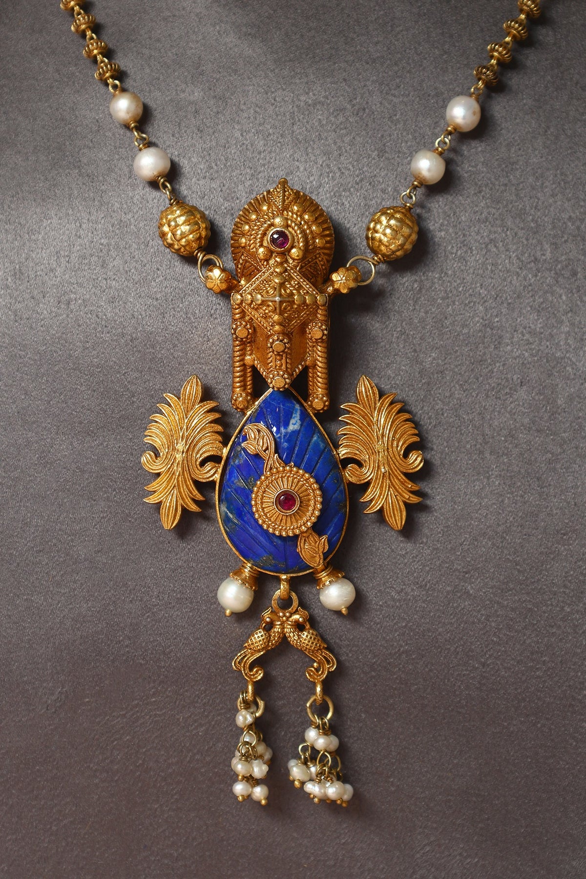 Gold Finish Lapis Stone & Pearl Temple Necklace In Sterling Silver