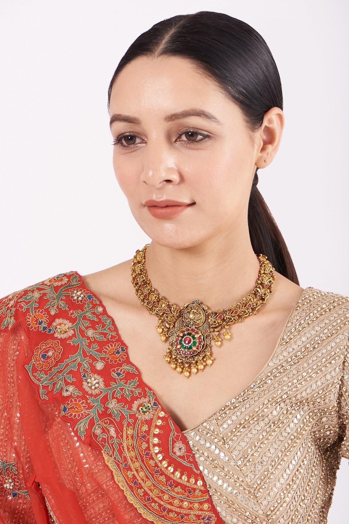 Gold Finish Temple Necklace In Sterling Silver