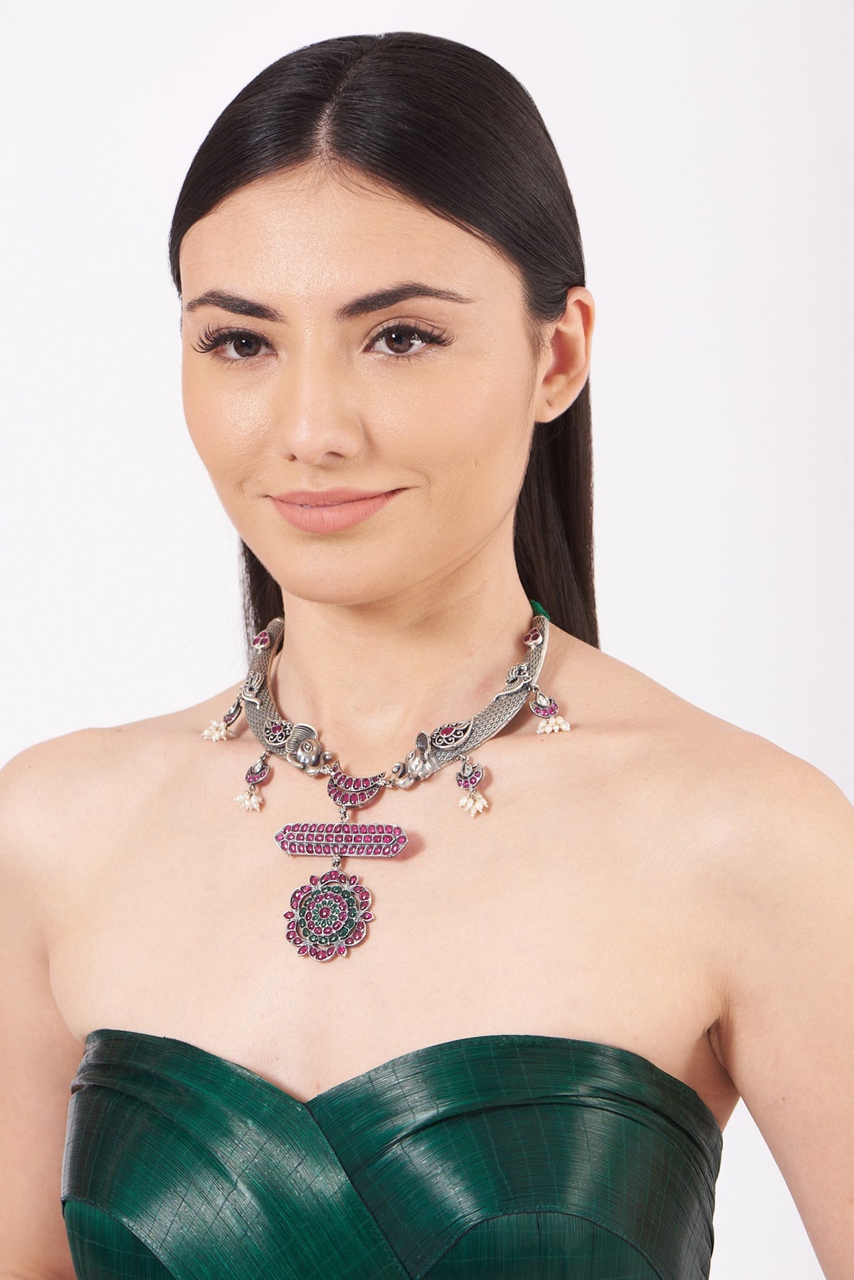 White Finish Ruby Handcrafted Necklace In Sterling Silver