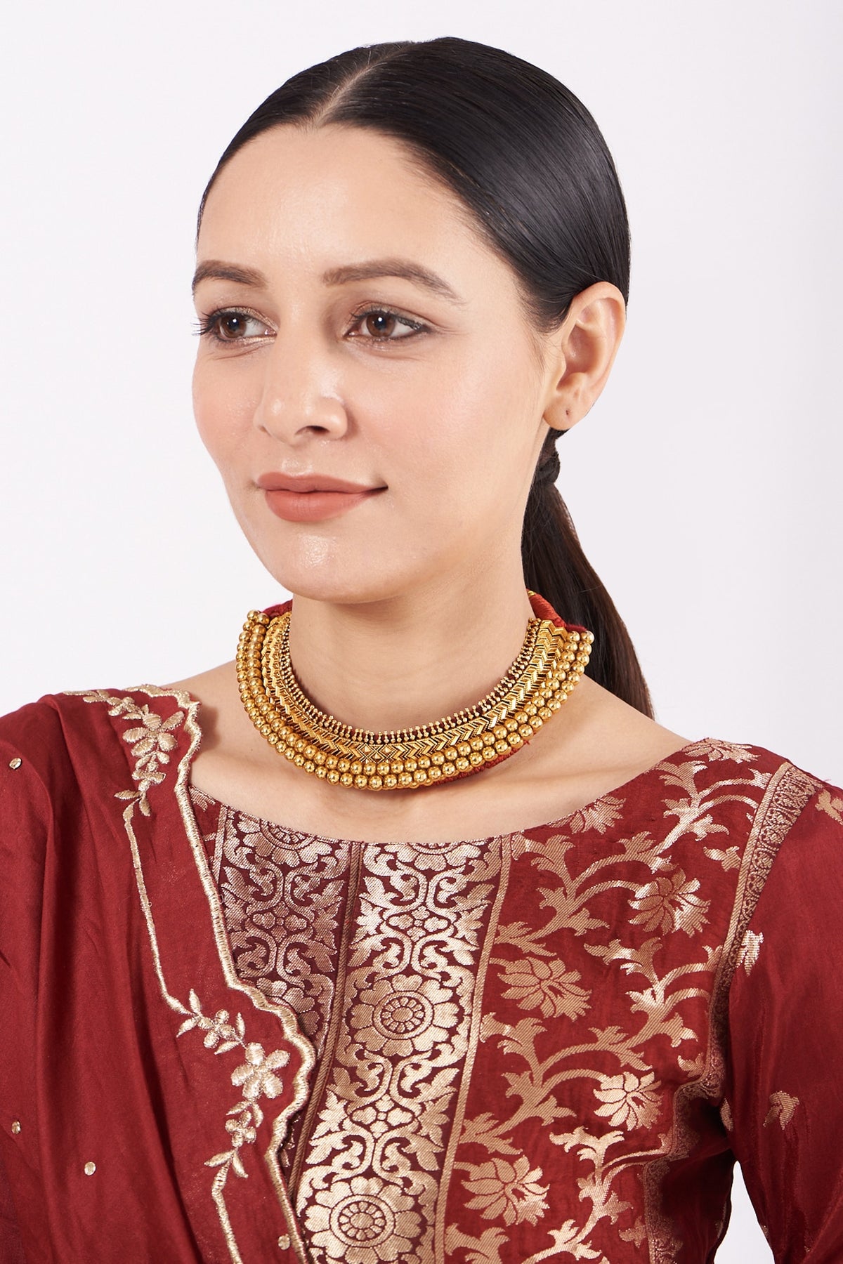 Gold Finish Temple Necklace In Sterling Silver