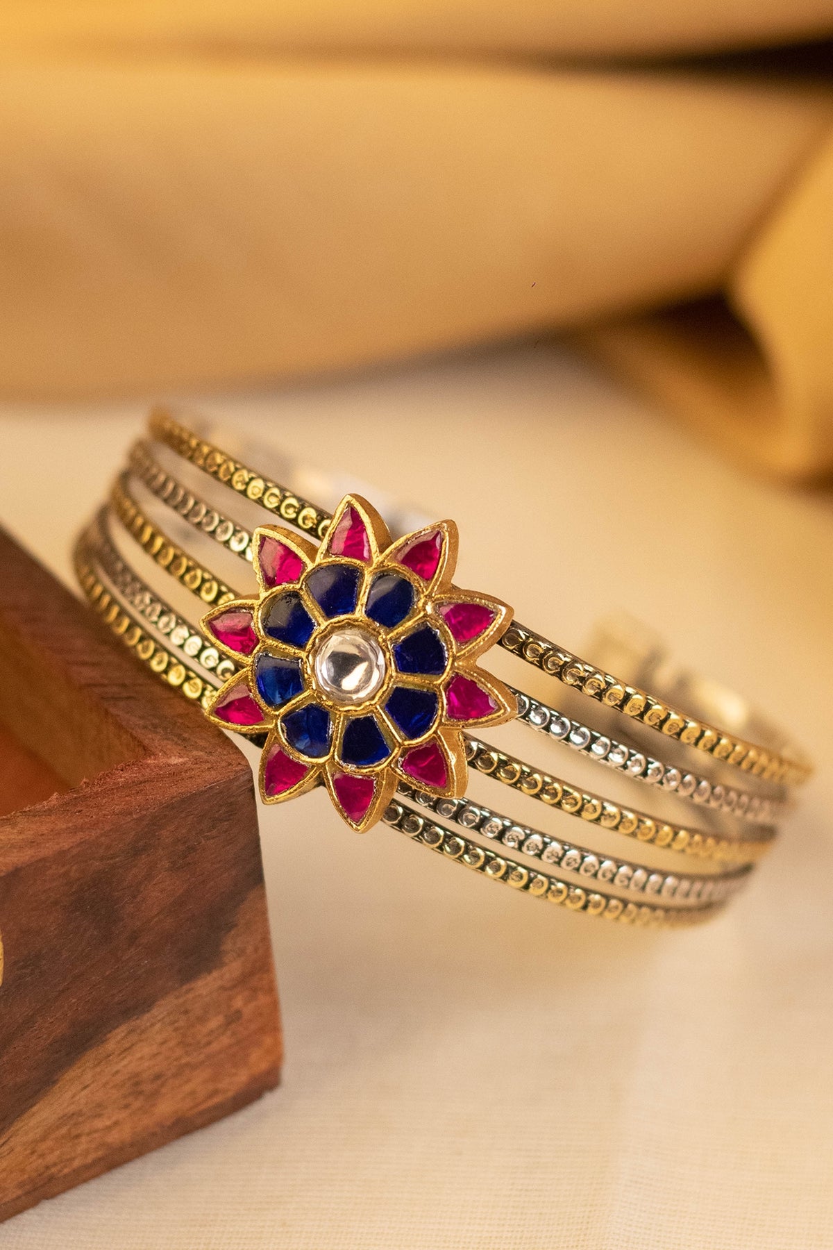 Two-Tone Kundan Polki Temple Bangle In Sterling Silver