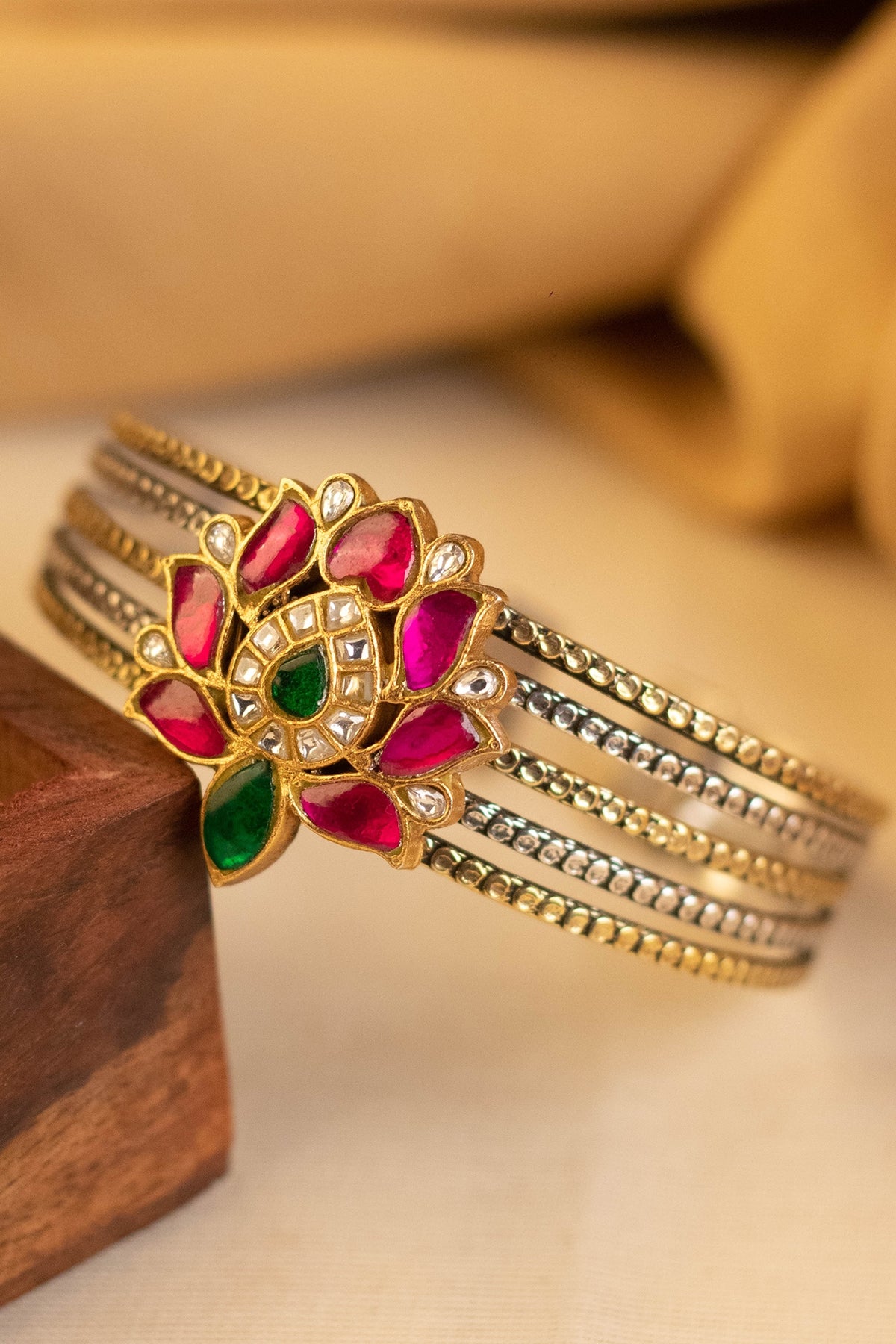 Two-Tone Kundan Polki Temple Bangle In Sterling Silver