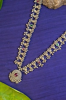 White Finish Red Kemp Stone Long Temple Necklace In Sterling Silver