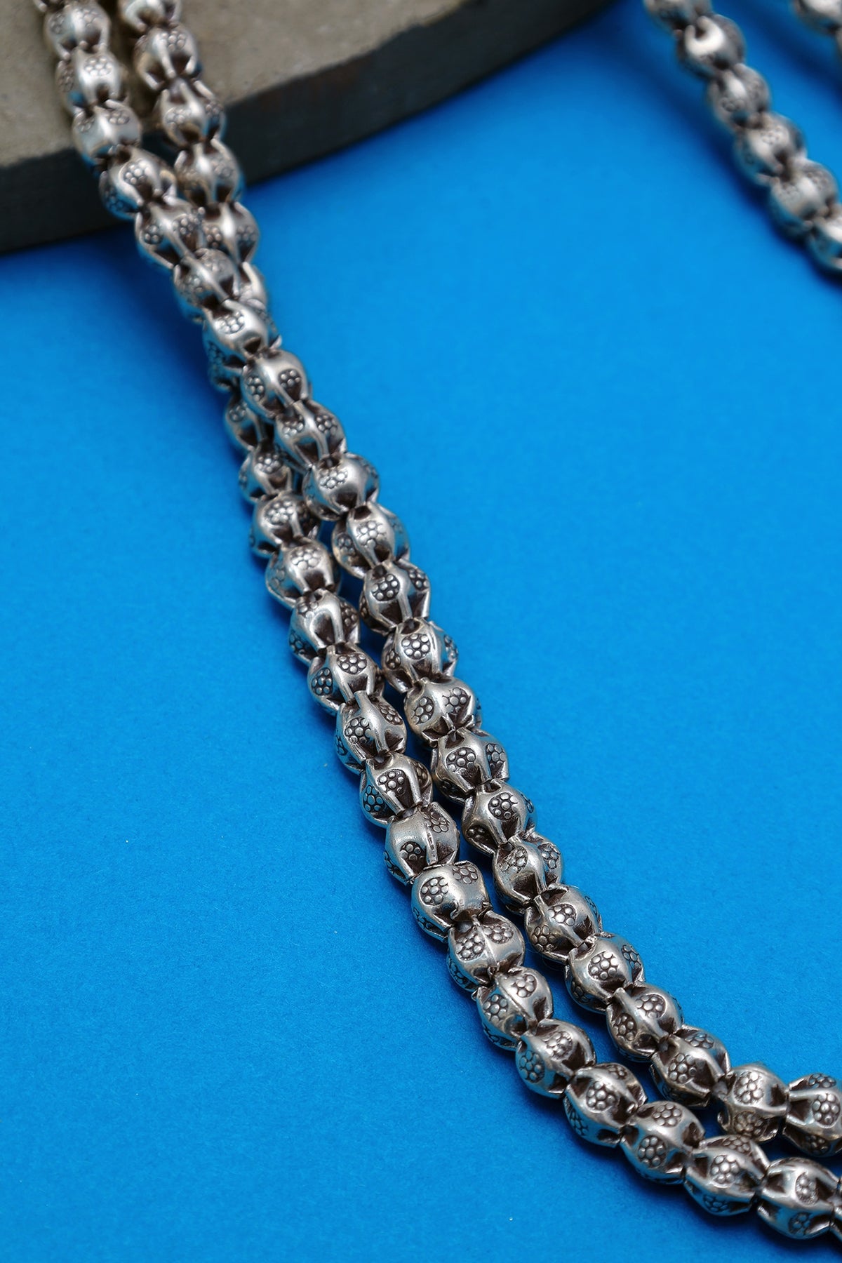 White Finish Beaded Long Temple Necklace In Sterling Silver