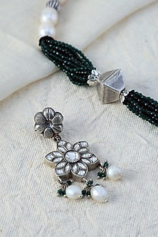 White Finish Navratna Stone Long Temple Necklace Set In Sterling Silver