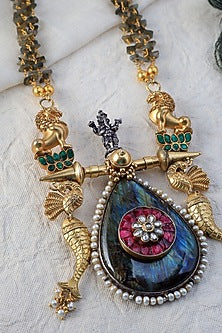 White Finish Kundan Polki & Labradorite Stone Temple Long Necklace In Sterling Silver