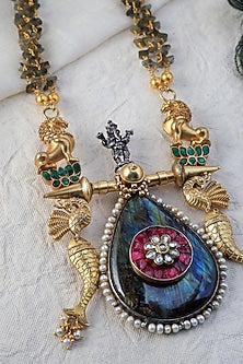 White Finish Kundan Polki & Labradorite Stone Temple Long Necklace In Sterling Silver