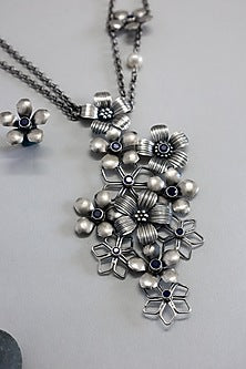 White Finish Sapphire Stone Long Floral Necklace Set In Sterling Silver