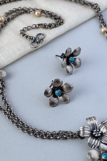 White Finish Turquoise Stone Long Floral Temple Necklace Set In Sterling Silver
