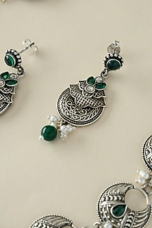 White Finish Onyx & Pearl Temple Long Necklace Set In Sterling Silver