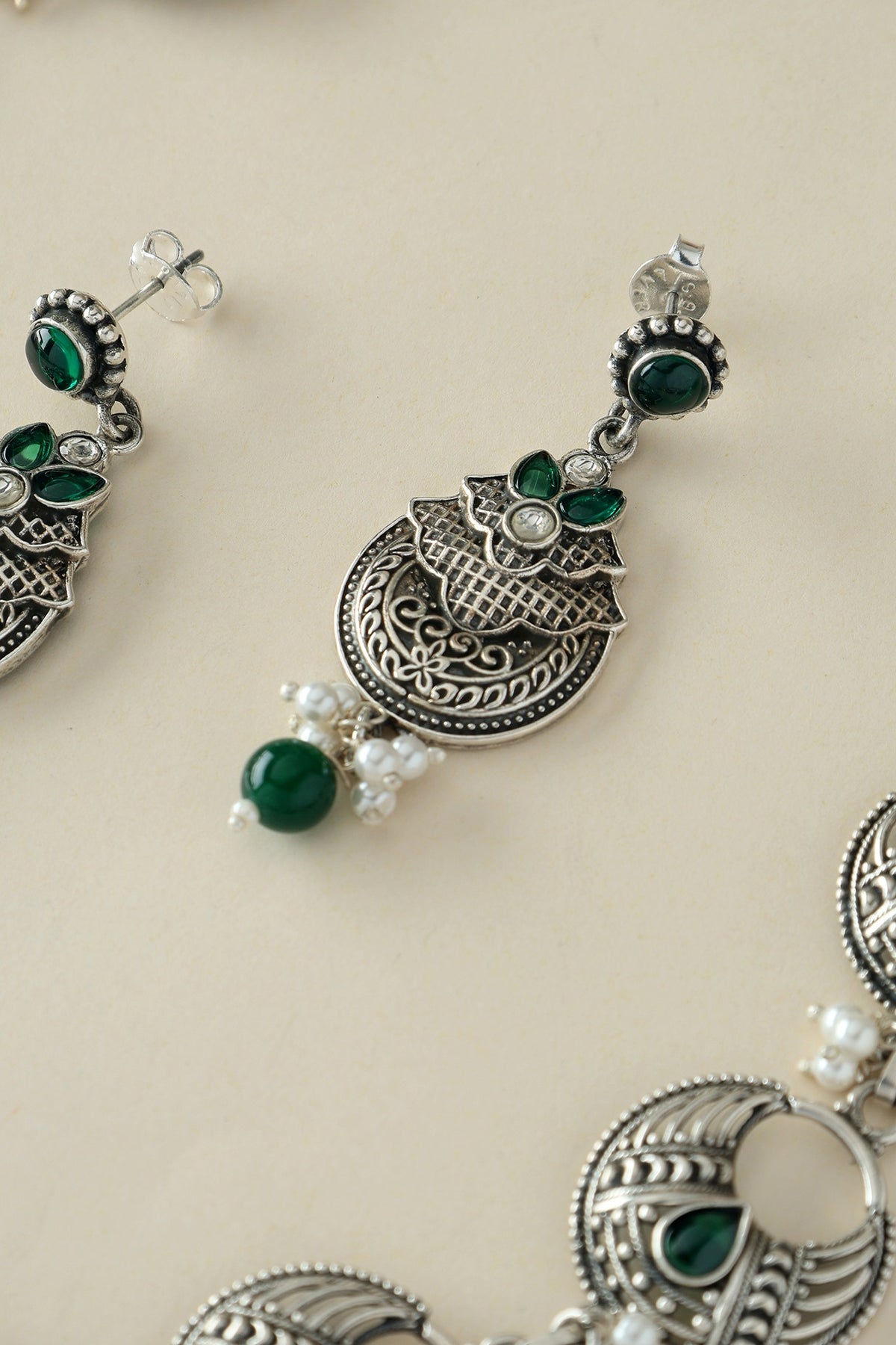White Finish Onyx & Pearl Temple Long Necklace Set In Sterling Silver