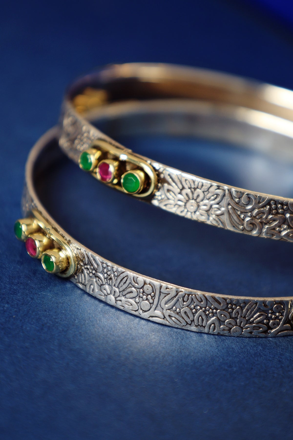 Two Tone Finish Ruby Onyx Temple Bangles In Sterling Silver (Set Of 2)