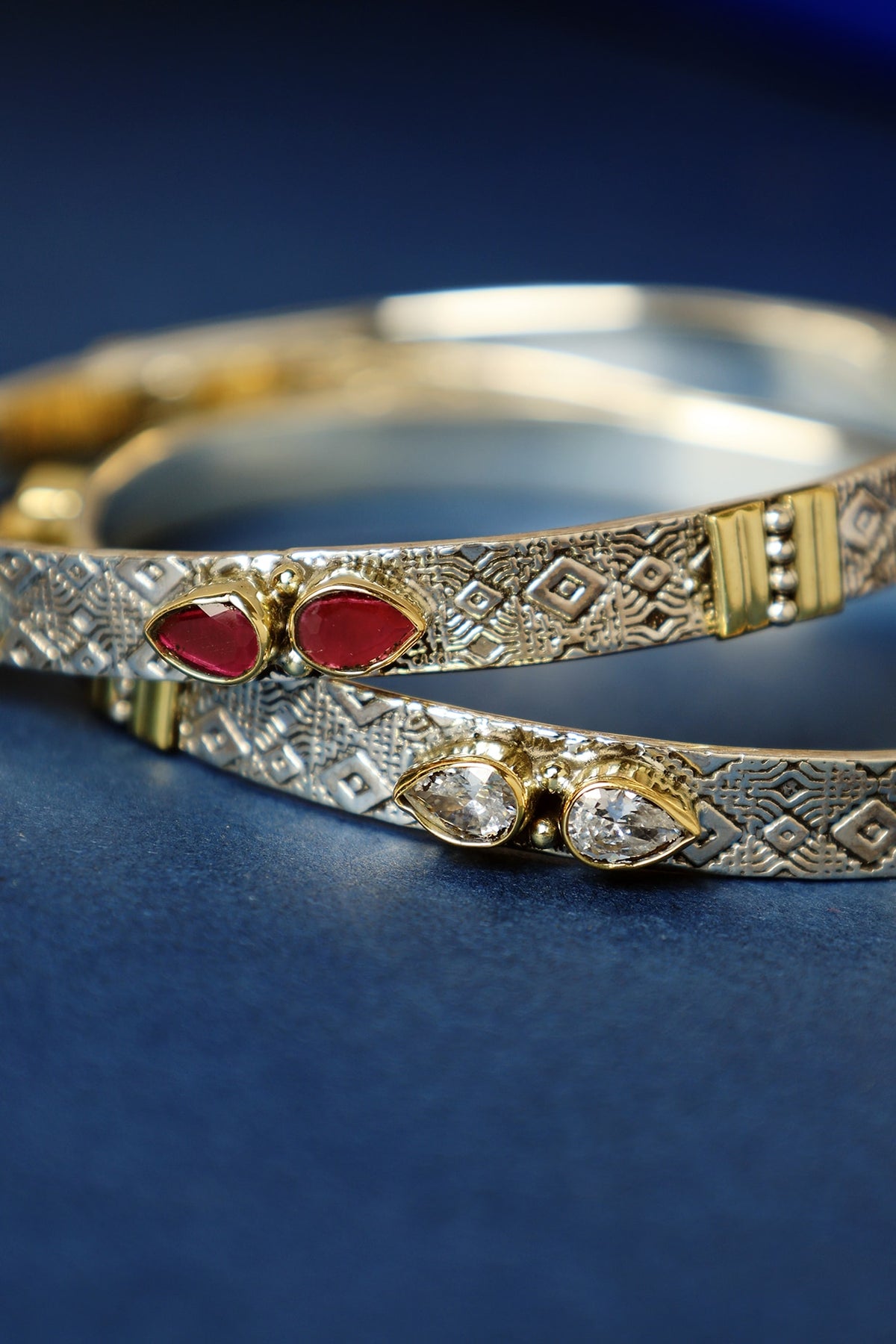 Two Tone Finish Ruby Onyx Temple Bangles In Sterling Silver (Set Of 2)