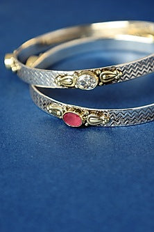 Two Tone Finish Ruby Onyx & CZ Temple Bangles In Sterling Silver (Set Of 2)