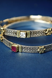 Two Tone Finish Ruby Onyx Temple Bangles In Sterling Silver (Set Of 2)