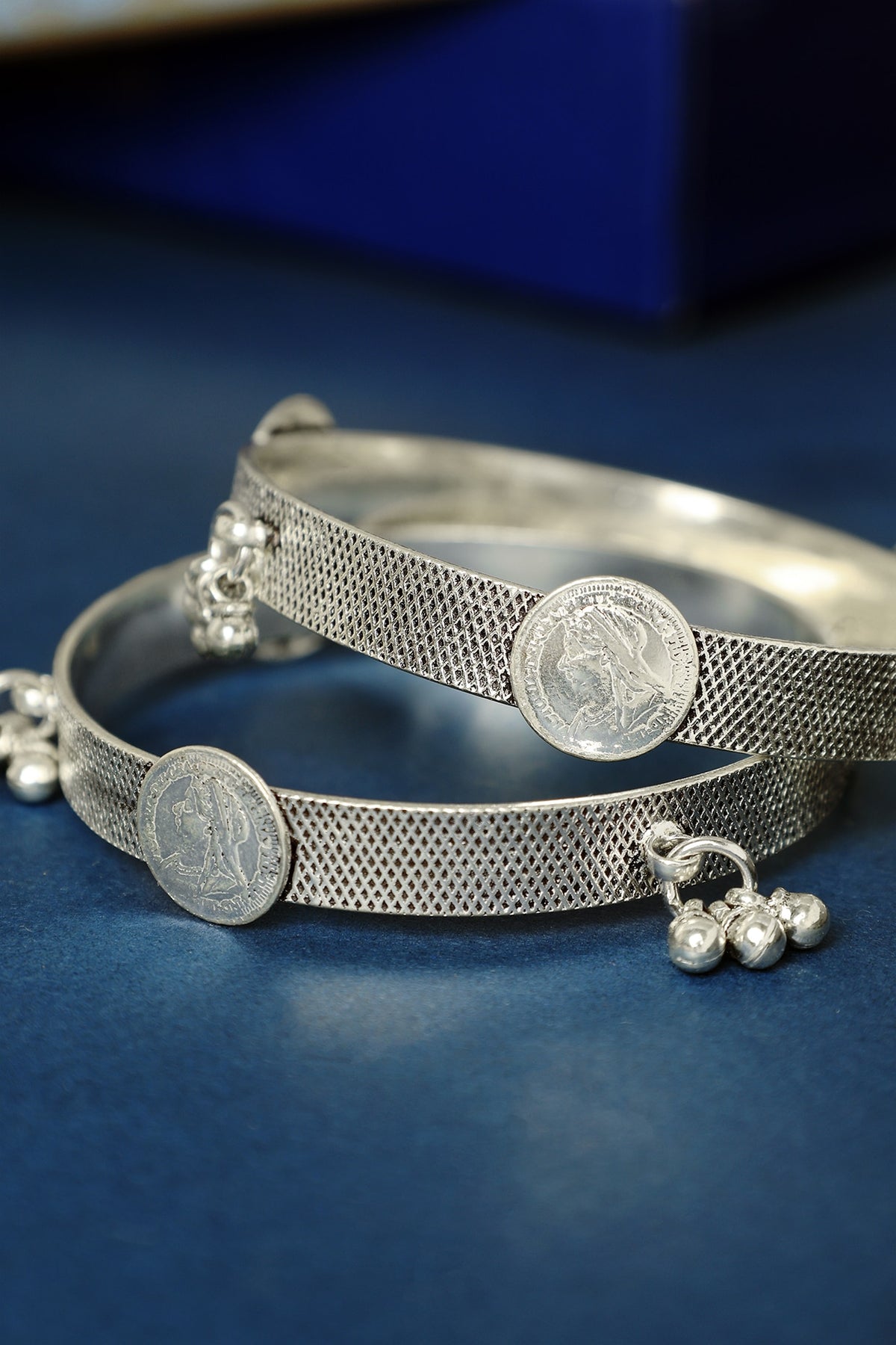 White Finish Ghungroo Temple Bangles In Sterling Silver (Set Of 2)