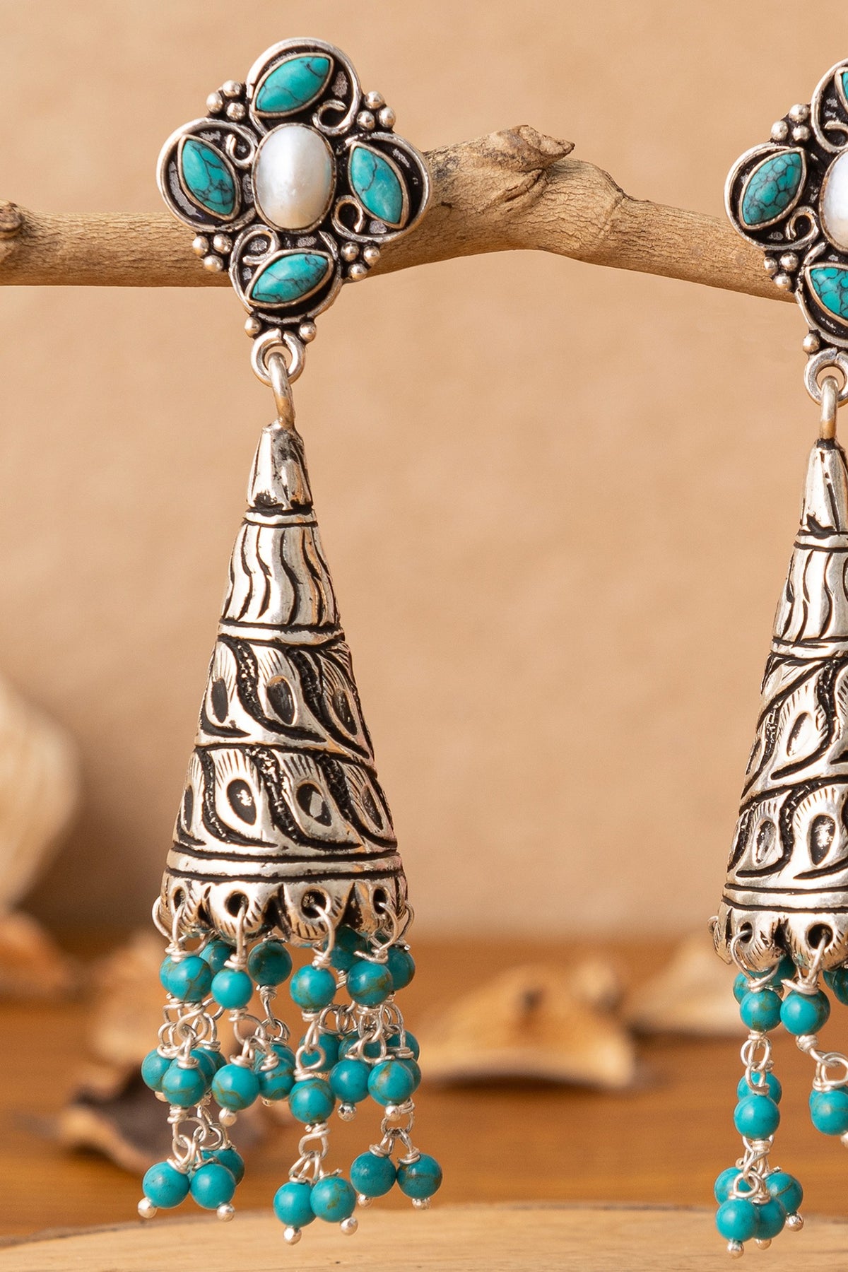 Silver Finish Turquoise Beaded Dangler Earrings In Sterling Silver