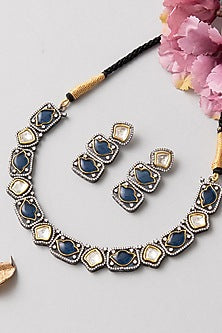 White Finish Kundan Polki Necklace Set In Sterling Silver