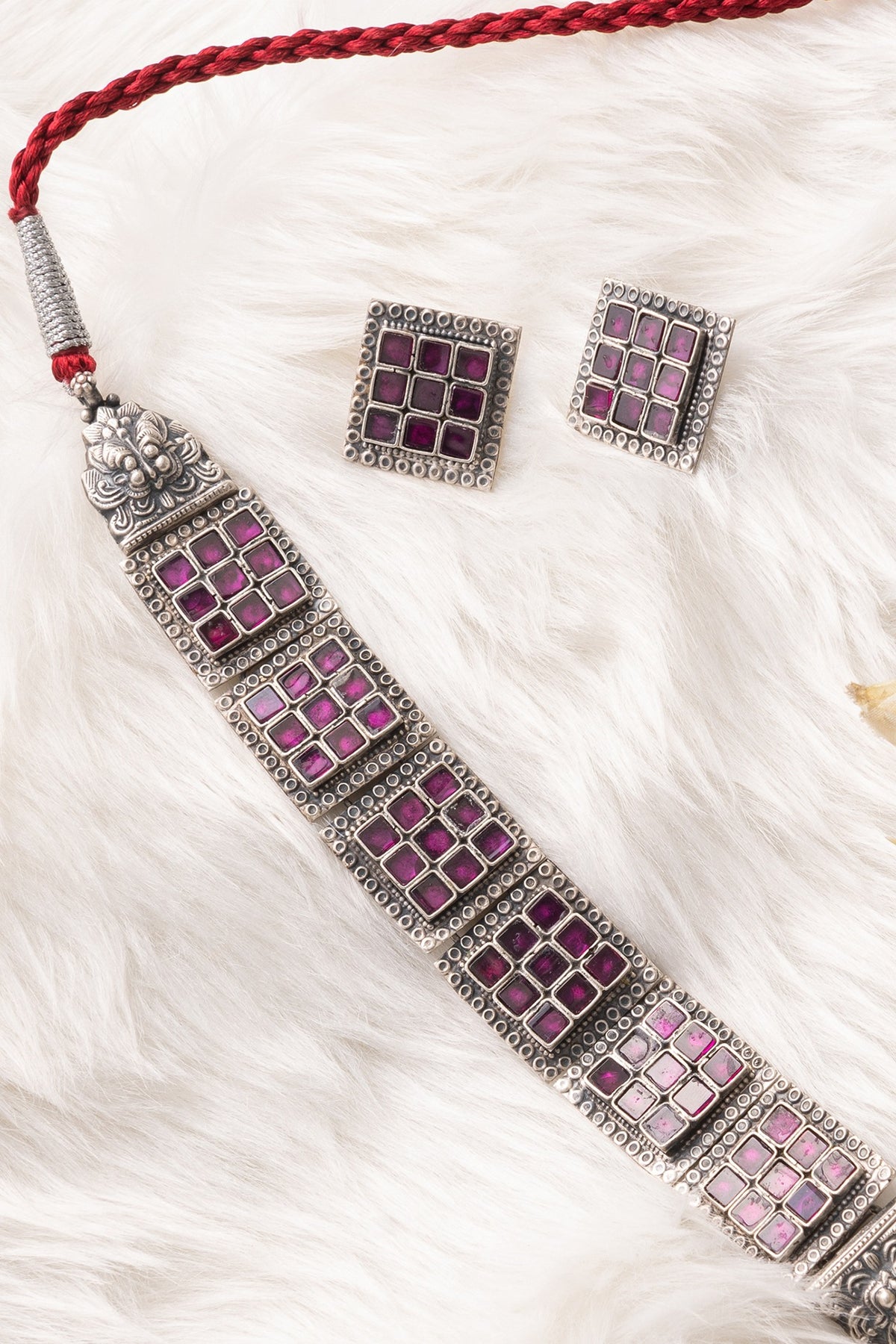 Silver Finish Temple Choker Necklace Set In Sterling Silver