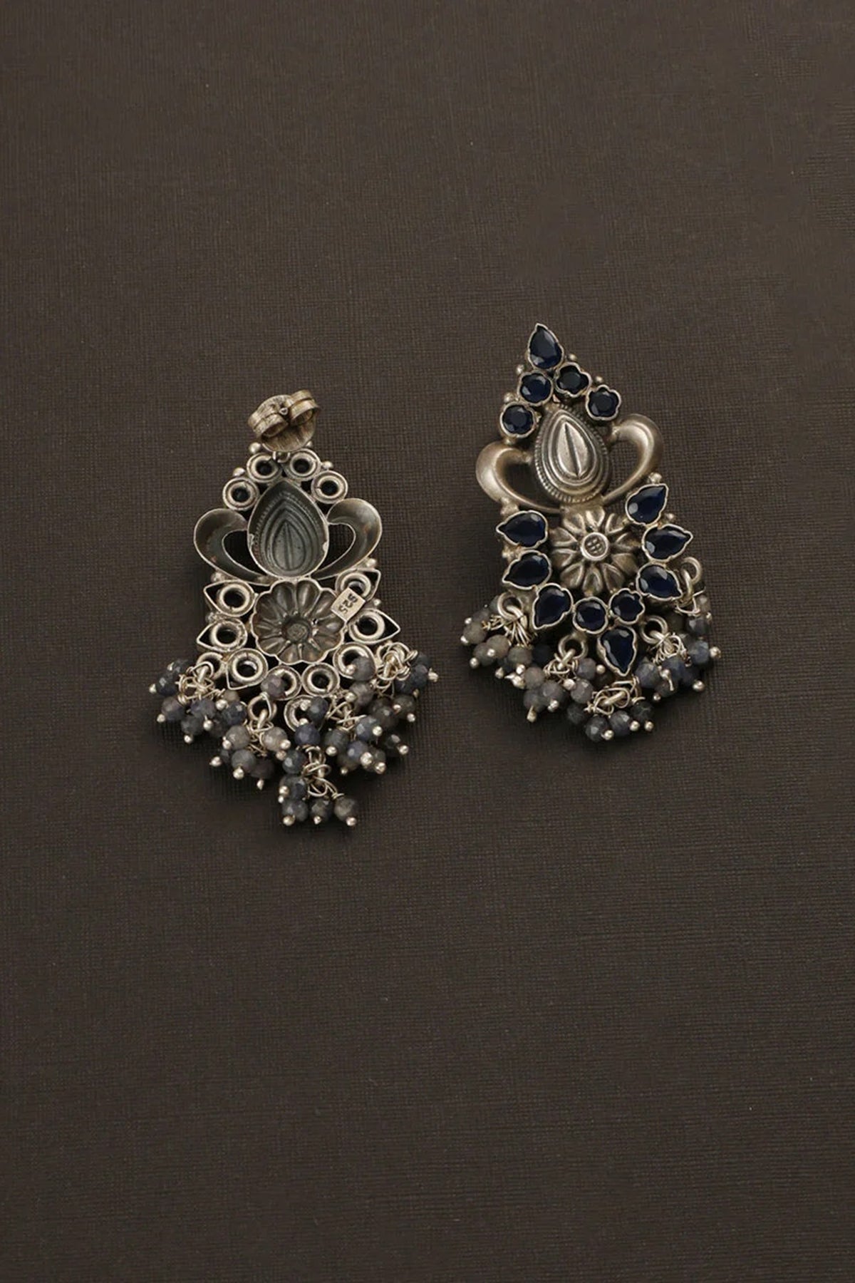 White Finish Blue Sapphire Temple Dangler Earrings In Sterling Silver