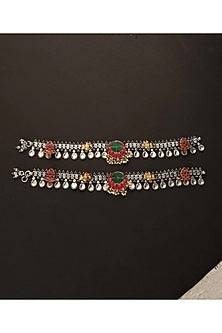 Two-Tone Finish Kundan Polki Payals In Sterling Silver (Set Of 2)