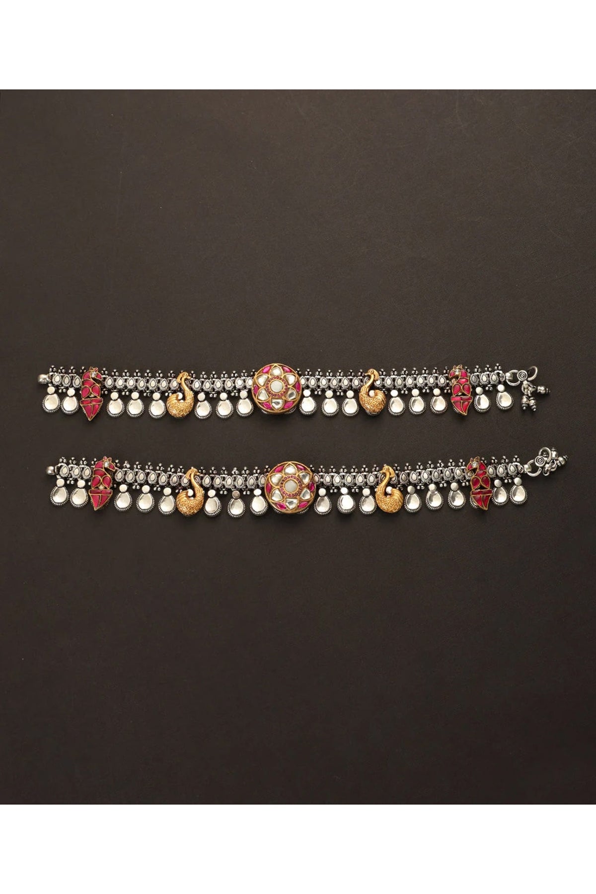 Two-Tone Finish Kundan Polki Payals In Sterling Silver (Set Of 2)