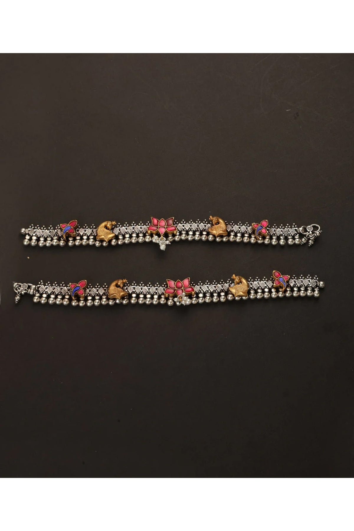 Two-Tone Finish Kundan Polki Payals In Sterling Silver (Set Of 2)