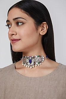 White Finish Kundan Polki Choker In Sterling Silver
