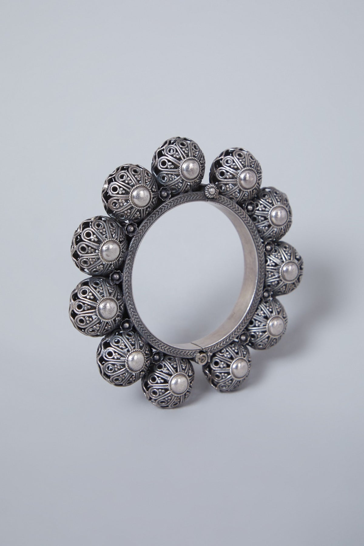 White Finish Handcrafted Ball Bangle In Sterling Silver