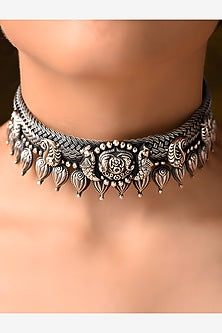 Silver Finish Tribal Choker Necklace In Sterling Silver